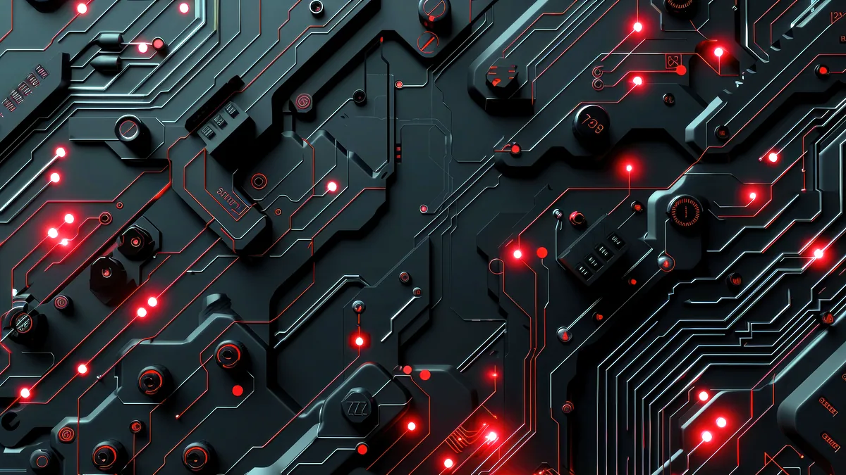 Un point d'alerte rouge sur un circuit sombre, la détection du logiciel nuisible.