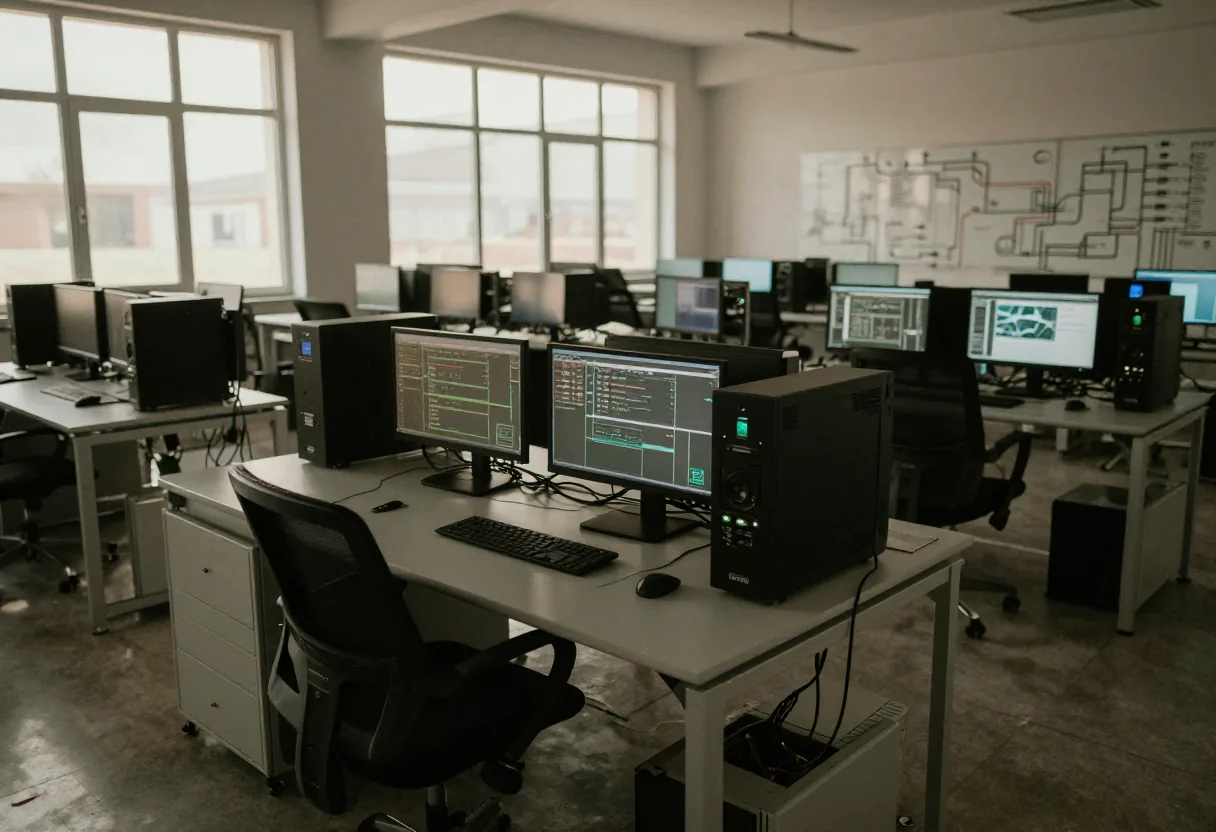 Empty cybersecurity training room with computers, desaturated lighting, late afternoon ambiance. Software testing.