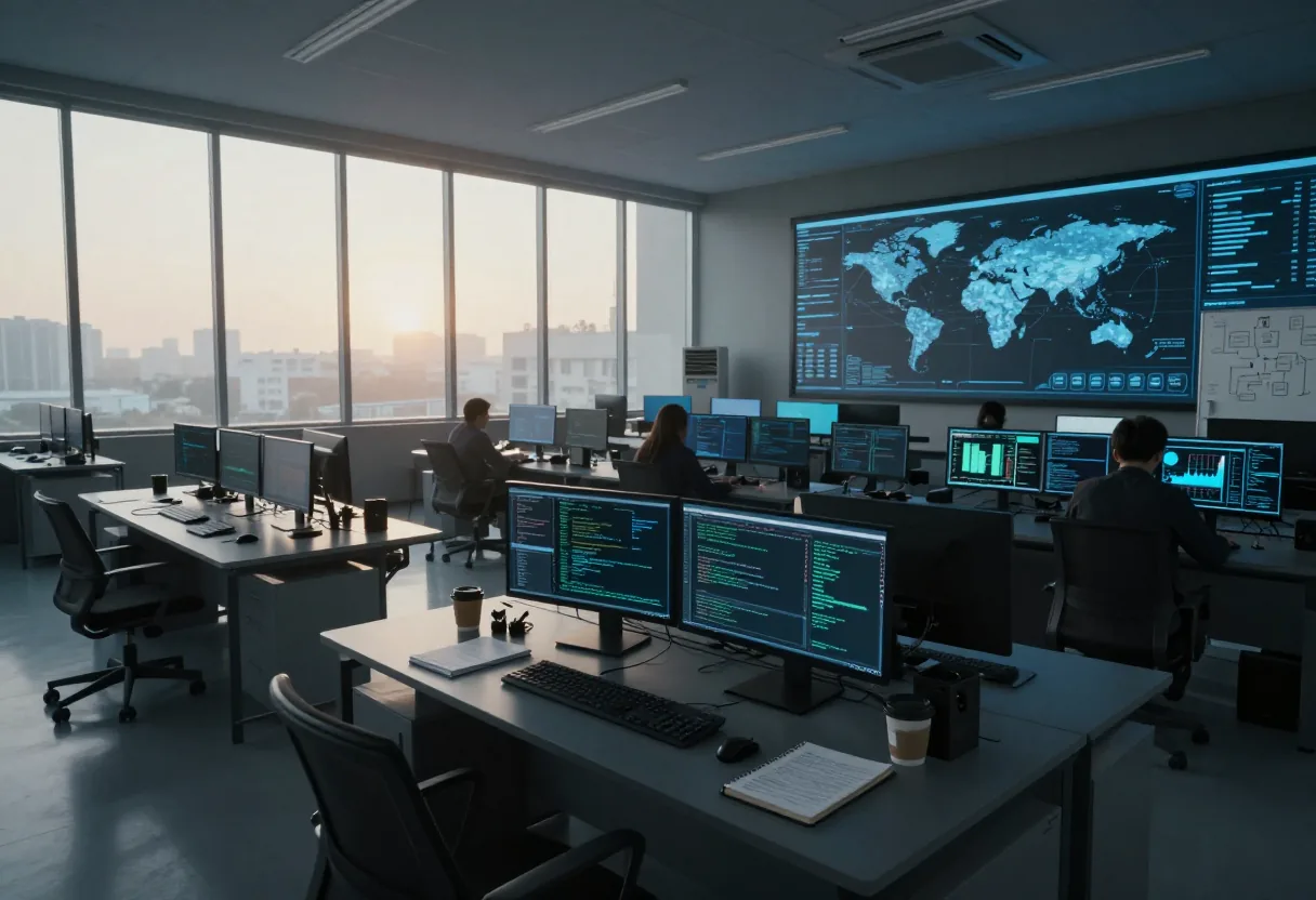 Command center with multiple screens displaying cloud security data, emphasizing cybersecurity software.