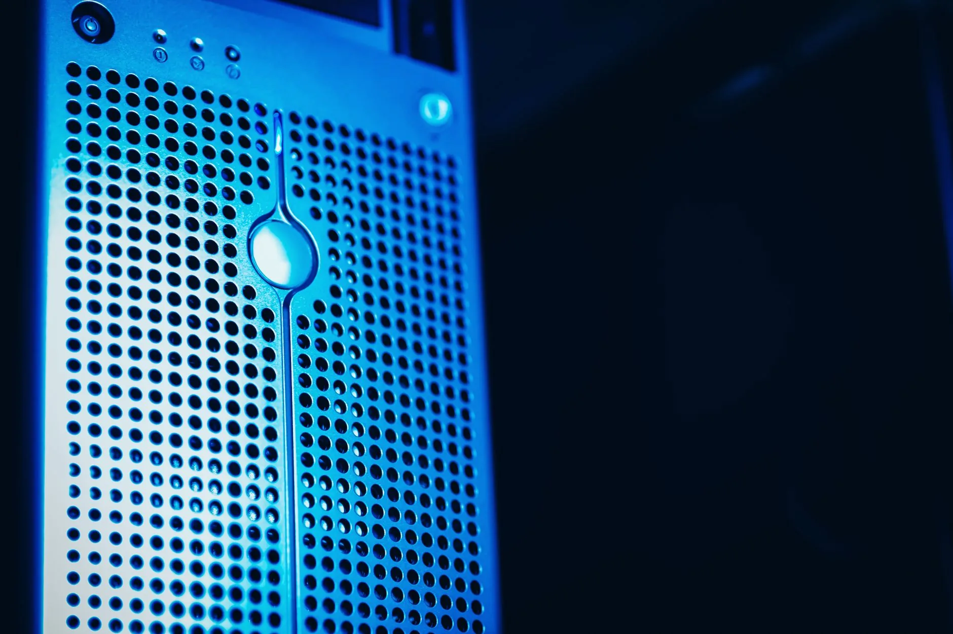 Data center servers with soft overhead lighting, illustrating cloud storage services access control.