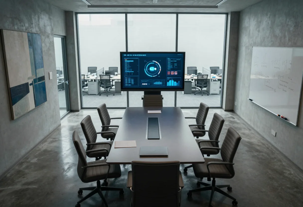 Modern conference room, empty, with security awareness posters, ESG goals presentation on screen.