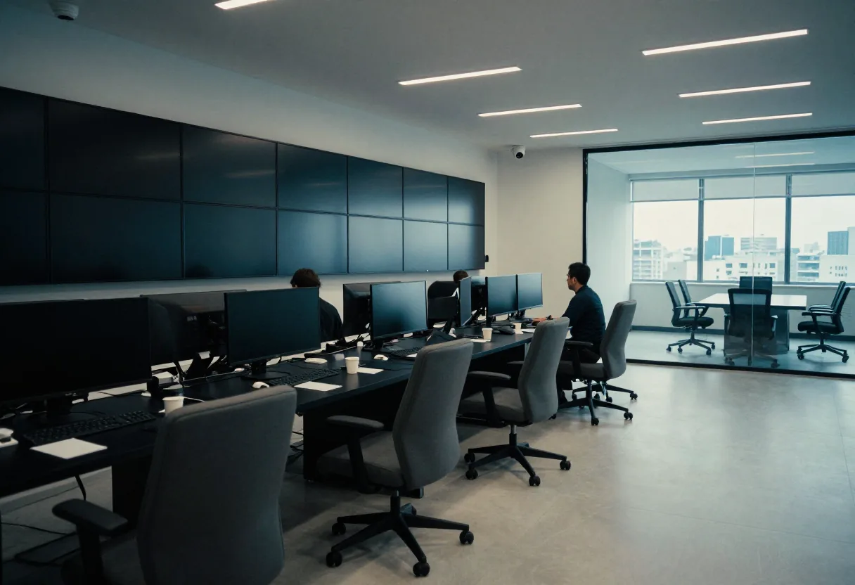 Deserted cybersecurity operations center with blue ambient lighting, mapping security touchpoints.