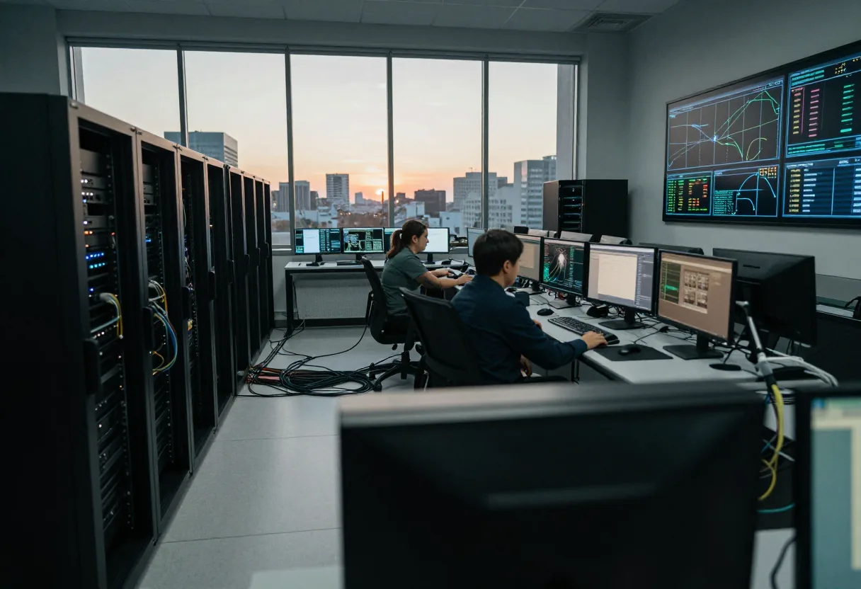 Cybersecurity center with blurred servers and network maps, highlighting attack surfaces and vulnerabilities.