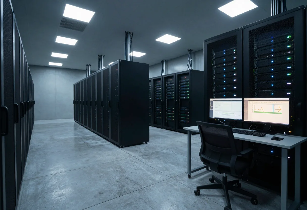 Empty server room with glowing blue-white LED overhead lights, wide-angle view. Data analysis tools.