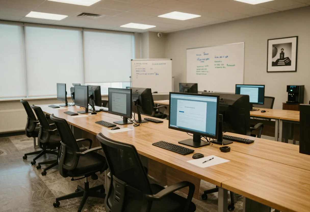 Cybersecurity training room with computers and phishing awareness posters, email security training.