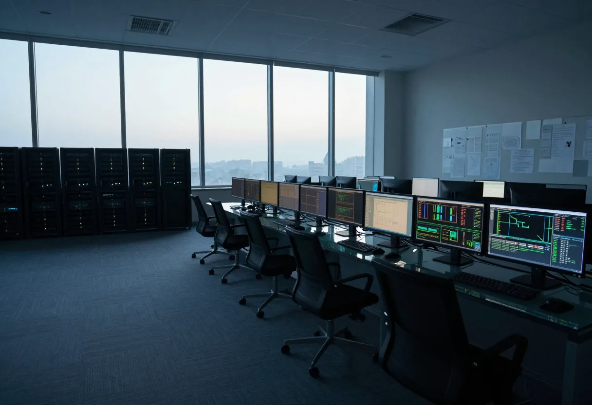 A deserted network operations center with glowing monitors, blue and gray tones, real-time network monitoring.