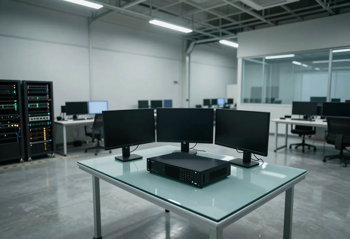 A high-tech control room with glowing panels, representing intrusion prevention systems for network defense.
