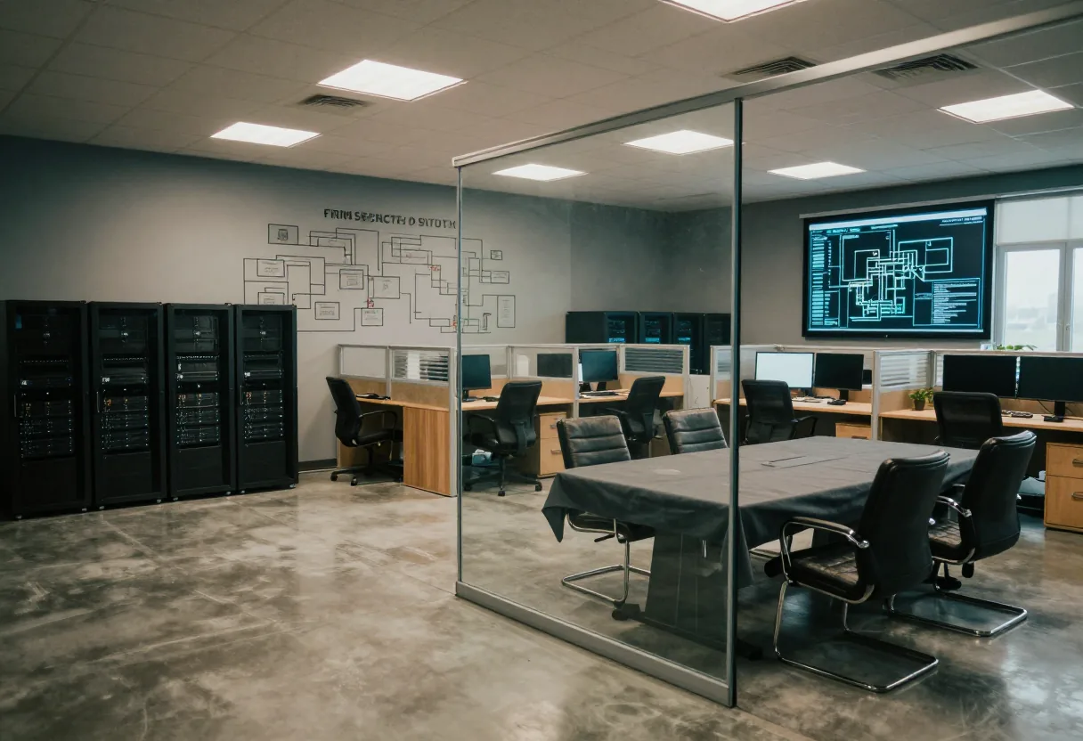 Executive leading cybersecurity team in illuminated server room, promoting security culture from the top.