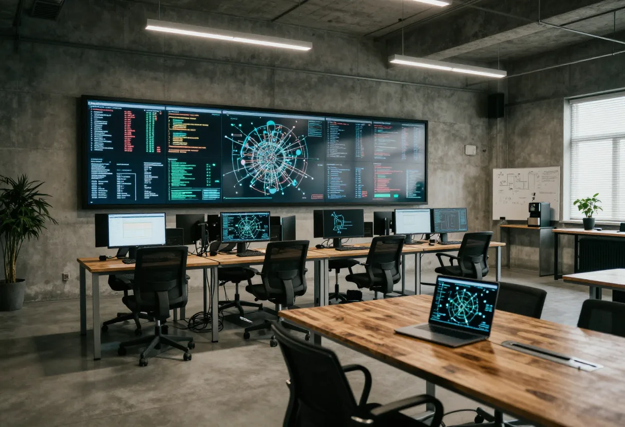 Deserted cybersecurity center with glowing screens, identifying network assets and open ports.