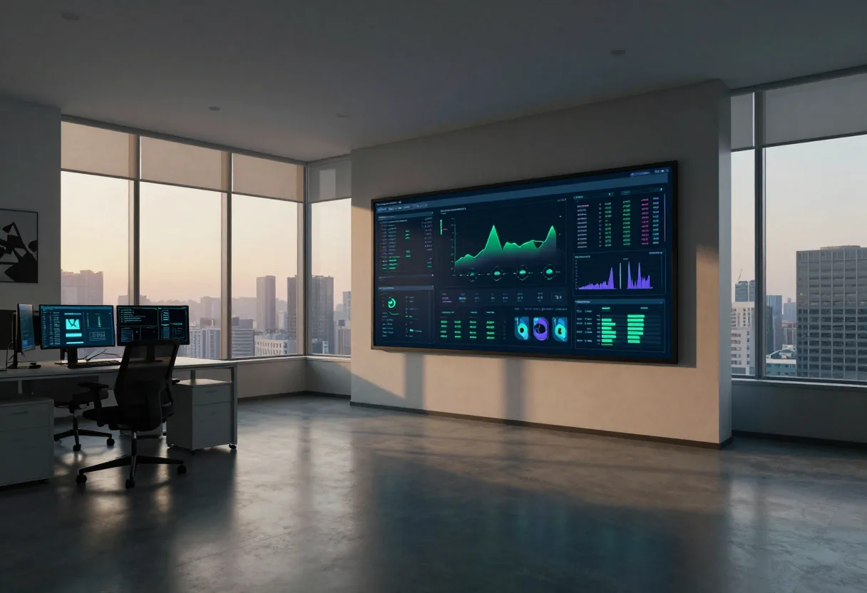 Empty cybersecurity center with glowing monitors displaying data, visualizing security training metrics and progress.
