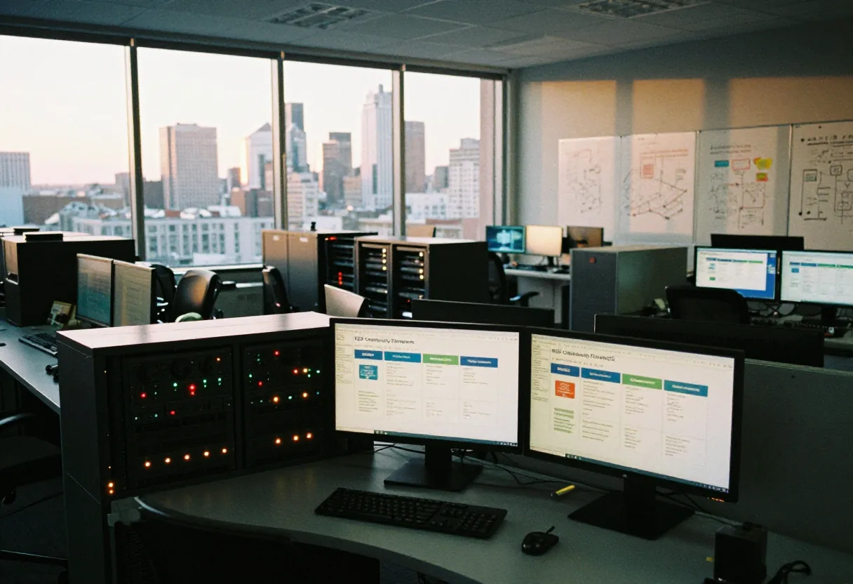 Deserted cybersecurity operations center with morning light, NIST CSF implementation guide.
