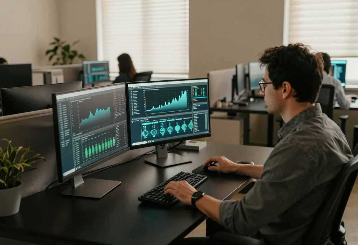 Cybersecurity specialist analyzing data on computer screen in modern office.