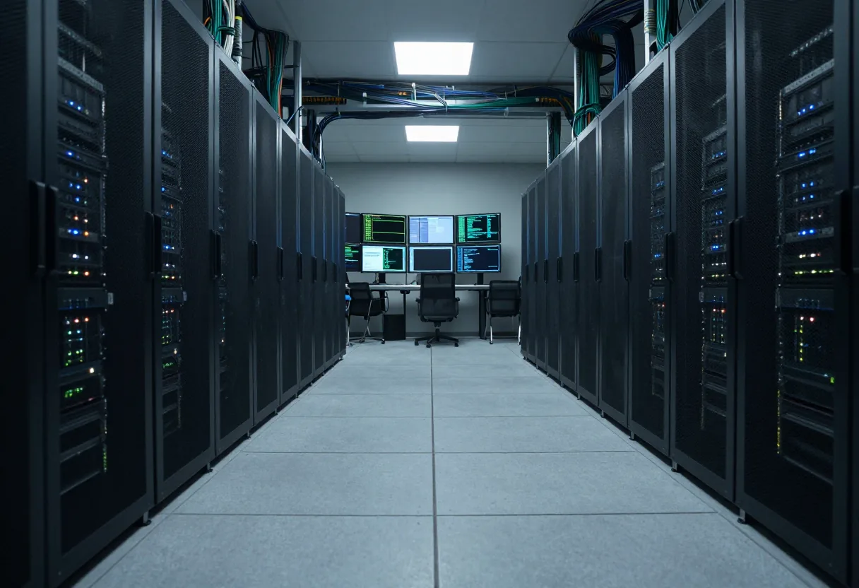 Server room with glowing LED panels, showcasing proxy server deployment for secure network gateways and filters.