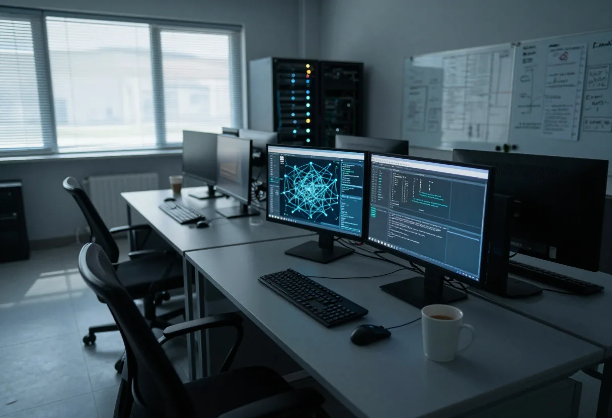 Dimly lit cybersecurity operations center with multiple screens displaying network data at dawn.
