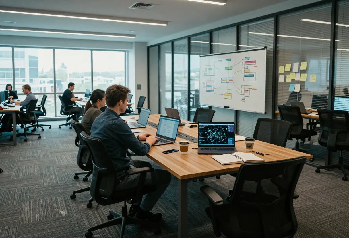 Cybersecurity command center with large screens, desks, and chairs, illustrating strategic planning for awareness progra